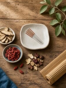 Acupuncture needles with Chinese herbs on a wooden table