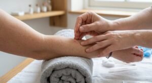Acupuncture practitioner inserting a needle in a patient's forearm